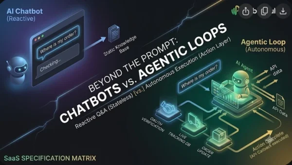 On the left, it shows the stateless "AI Chatbot (Reactive)", which simply maps text input to a static knowledge base. This is contrasted on the right with the proactive "Agentic Loop (Autonomous)", which is actively executing multi-step API workflows and modifying external database states in real-time.