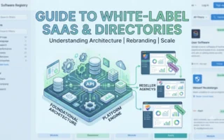 visually explains the white-label concept: a central platform engine (the "Foundational Architecture") is shown feeding data to various reseller instances, where each one applies their own branding.