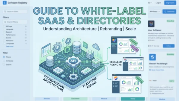visually explains the white-label concept: a central platform engine (the "Foundational Architecture") is shown feeding data to various reseller instances, where each one applies their own branding.