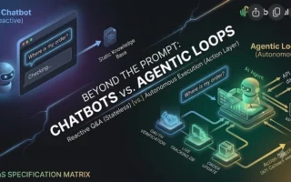 On the left, it shows the stateless "AI Chatbot (Reactive)", which simply maps text input to a static knowledge base. This is contrasted on the right with the proactive "Agentic Loop (Autonomous)", which is actively executing multi-step API workflows and modifying external database states in real-time.