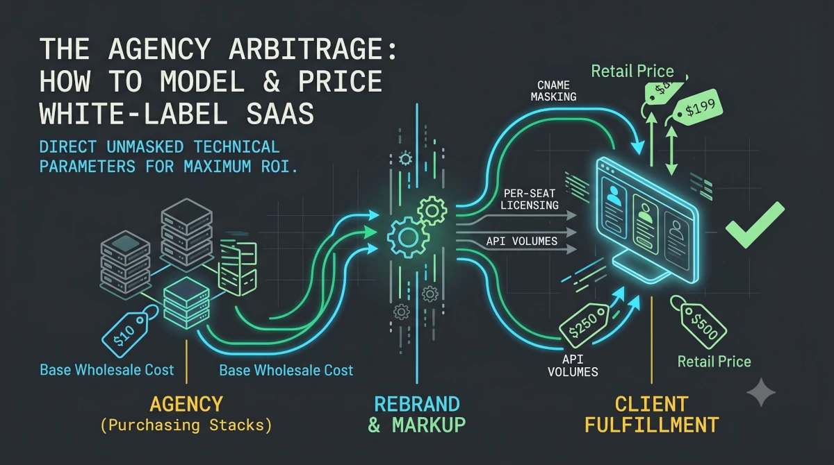 A technical infographic detailing B2B SaaS software arbitrage and pricing mechanics for agencies on a dark charcoal canvas background, featuring glowing neon cyan and emerald network paths that trace wholesale server costs transforming into higher retail client subscriptions through brand masking and multi-tenant provisioning metrics.