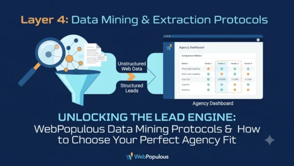 captures the essential flow: transforming unstructured web data into structured leads, which then populate the decision-making dashboard within WebPopulous, complete with a title and branding.