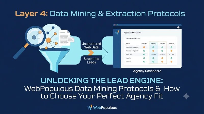 captures the essential flow: transforming unstructured web data into structured leads, which then populate the decision-making dashboard within WebPopulous, complete with a title and branding.