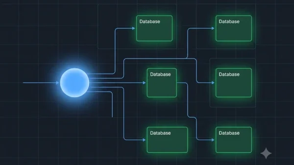 The design features a centralized, radiant glowing hub representing a visual workflow automation engine node (#58A6FF). From this node, sharp, geometric data pipelines split and route flawlessly into clean, organized, isolated multi-tenant database cards