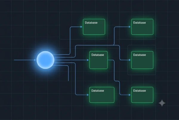 The design features a centralized, radiant glowing hub representing a visual workflow automation engine node (#58A6FF). From this node, sharp, geometric data pipelines split and route flawlessly into clean, organized, isolated multi-tenant database cards