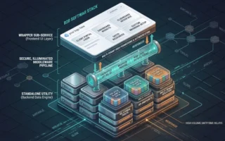 This blueprint layout features a dark, professional isometric grid contrasting a top-level white-labeled client application interface block (the Wrapper Sub-Service) connecting down through a secure, illuminated middleware pipeline into an isolated, multi-tenant relational data warehouse engine (the Standalone Utility).