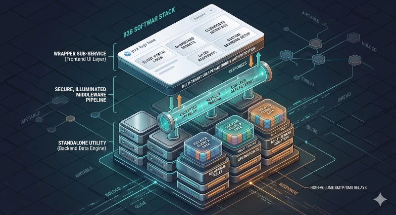 This blueprint layout features a dark, professional isometric grid contrasting a top-level white-labeled client application interface block (the Wrapper Sub-Service) connecting down through a secure, illuminated middleware pipeline into an isolated, multi-tenant relational data warehouse engine (the Standalone Utility).