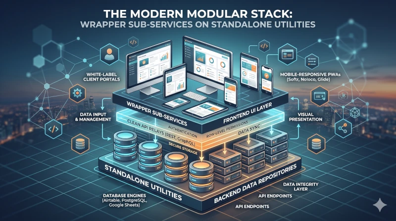 image visually breaks down the modern multi-layer architecture we discussed, illustrating how Wrapper Sub-Services (the frontend UI layer) sit directly on top of Standalone Utilities (the backend data repositories)