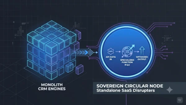 An editorial, high-tech abstract graphic visualizing the core concept of software unbundling. On the left side, a massive, multi-layered complex cube structure representing 'Monolith CRM Engines' slowly splits apart. Clean vector lines and data rays shift toward the right side, where a glowing, sovereign circular node stands isolated and hyper-focused, labeled 'Standalone SaaS Disrupters'.