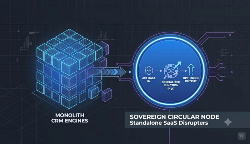 An editorial, high-tech abstract graphic visualizing the core concept of software unbundling. On the left side, a massive, multi-layered complex cube structure representing 'Monolith CRM Engines' slowly splits apart. Clean vector lines and data rays shift toward the right side, where a glowing, sovereign circular node stands isolated and hyper-focused, labeled 'Standalone SaaS Disrupters'.