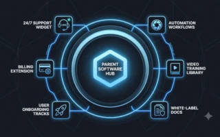 A crisp, minimalist dark-mode vector graphic depicting a central foundational software hub surrounded by a sleek, glowing outer ring of modular micro-services and white-label support tracks, connected via clean blue data paths.