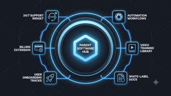 A crisp, minimalist dark-mode vector graphic depicting a central foundational software hub surrounded by a sleek, glowing outer ring of modular micro-services and white-label support tracks, connected via clean blue data paths.