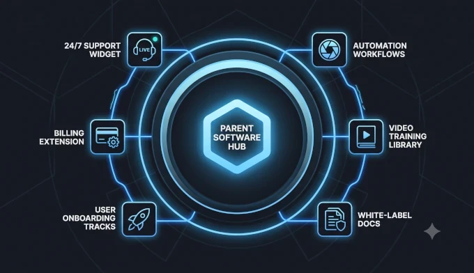 A crisp, minimalist dark-mode vector graphic depicting a central foundational software hub surrounded by a sleek, glowing outer ring of modular micro-services and white-label support tracks, connected via clean blue data paths.