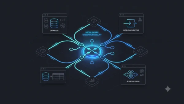 A minimalist, dark-mode vector graphic depicting a central glowing visual node network (representing middleware relays) seamlessly interconnecting various external database cards, webhook vectors, and AI processing blocks via vibrant cyan and electric blue data conduits.