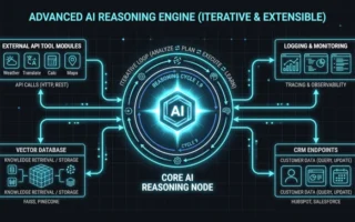 A minimalist dark-mode technical vector graphic depicting an illuminated central AI reasoning node executing an iterative circular loop, branching out to connect external API tool modules, vector databases, and CRM endpoints via radiant cyan data conduits.
