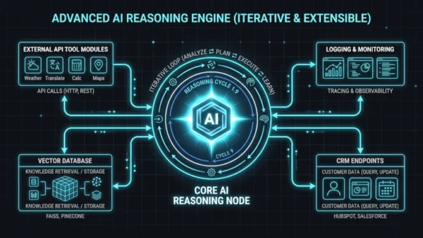 A minimalist dark-mode technical vector graphic depicting an illuminated central AI reasoning node executing an iterative circular loop, branching out to connect external API tool modules, vector databases, and CRM endpoints via radiant cyan data conduits.