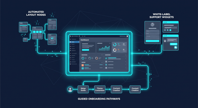 WordPress dashboard interface encased in a glowing neon-cyan wrapper layer, with automated layout nodes, white-label support widgets, and guided onboarding pathways connecting via glowing data paths.