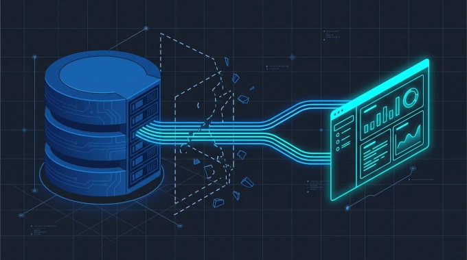 On the left, a heavy, monolithic parent database engine glows in deep corporate blue. Clean, luminous data streams flow outward from the database